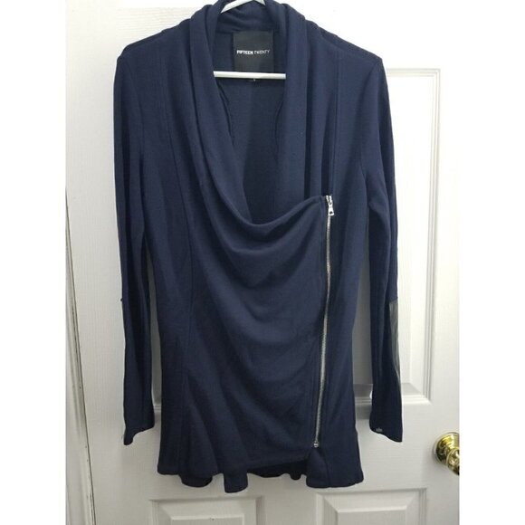 Fifteen Twenty Sweaters - Fifteen Twenty Navy Side Zip Sweater Jacket Lambs Leather Arm Size Small